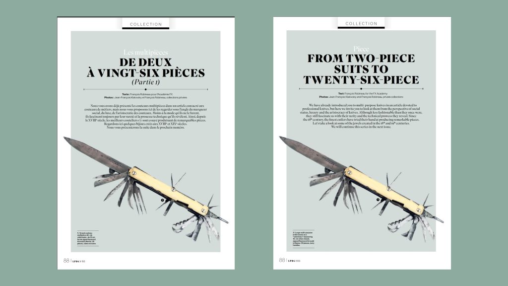 Première double page de l'article consacré aux couteaux multipièces publié dans le n°166 de La Passion des Couteaux, disponible en français et en anglais.