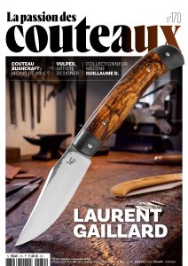 Couverture française de La Passion des Couteaux n°170 avec un couteau de Laurent Gaillard sur un établi