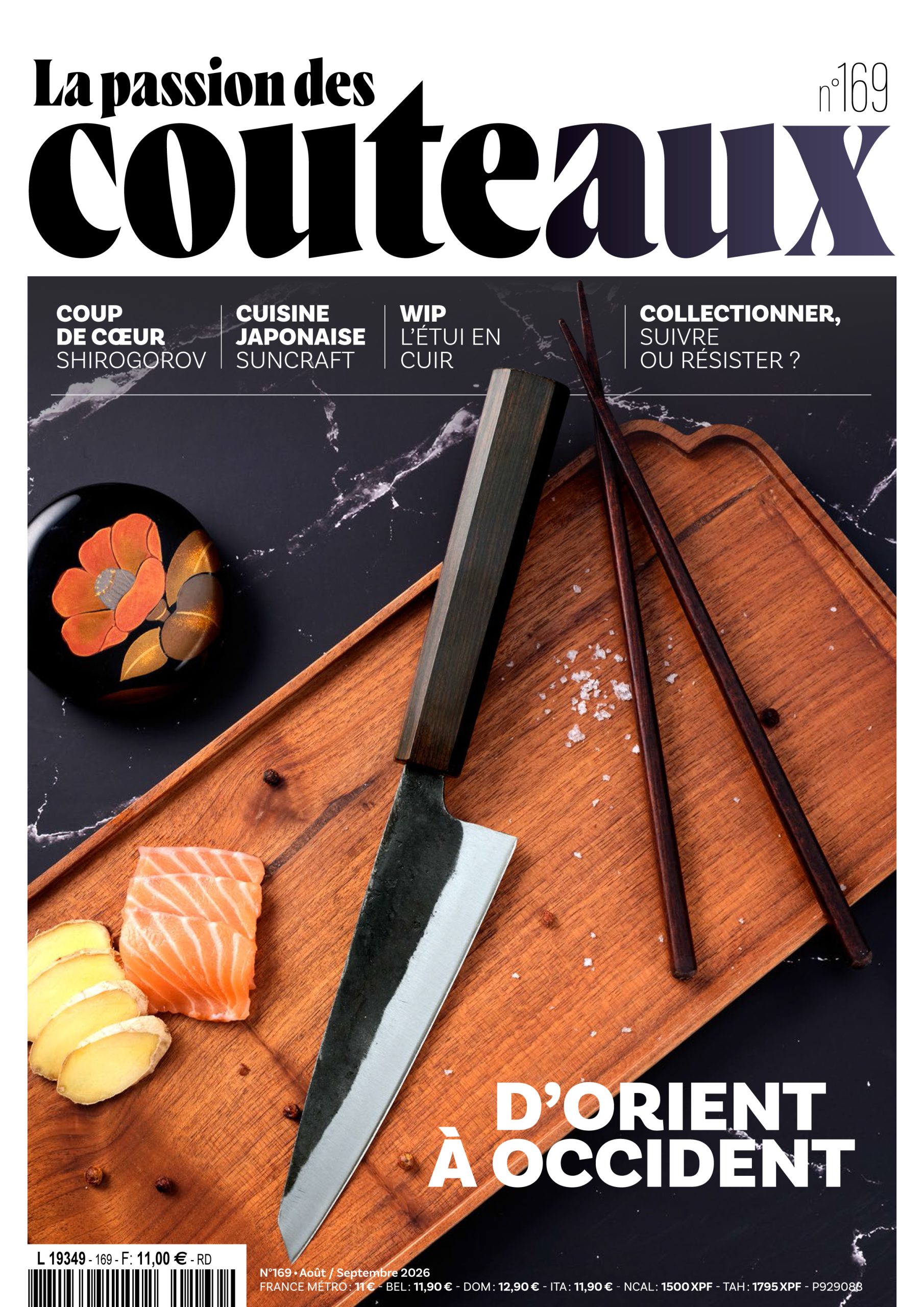 Couverture du magazine La Passion des Couteaux n°169, consacré à la coutellerie d'Orient à Occident, aux couteaux de cuisine japonais, aux savoir-faire internationaux et aux artisans couteliers.
