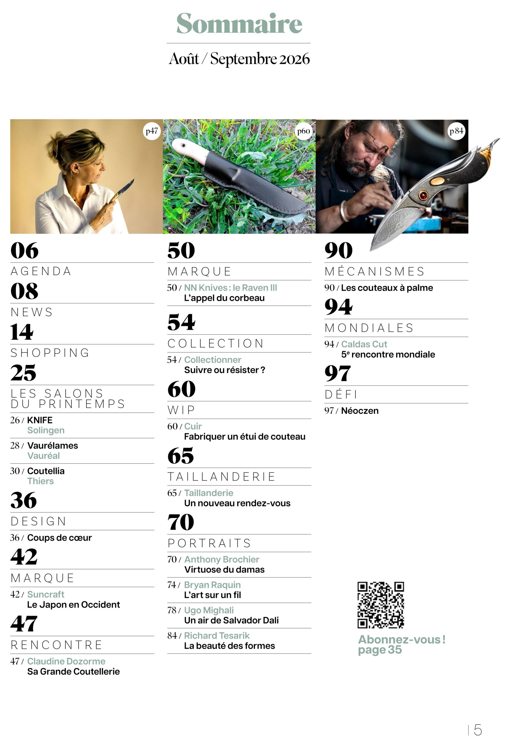 Page sommaire du magazine La Passion des Couteaux n°169 présentant l'ensemble des articles, reportages, portraits, salons, techniques, collections et actualités de ce numéro.