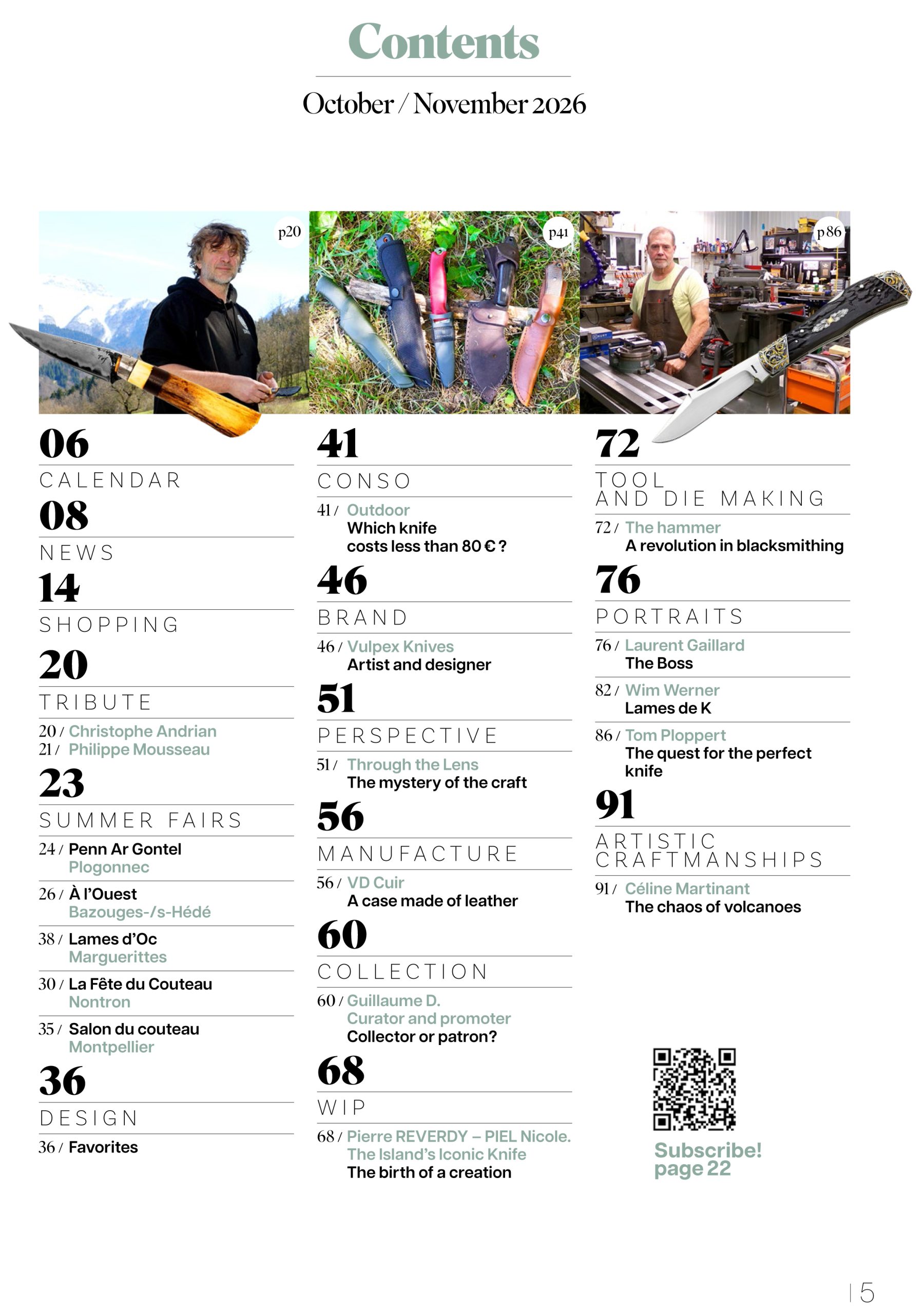 Page sommaire en anglais du magazine La Passion des Couteaux n°170 présentant l'ensemble des articles, reportages, portraits, salons, techniques, collections et actualités de ce numéro.