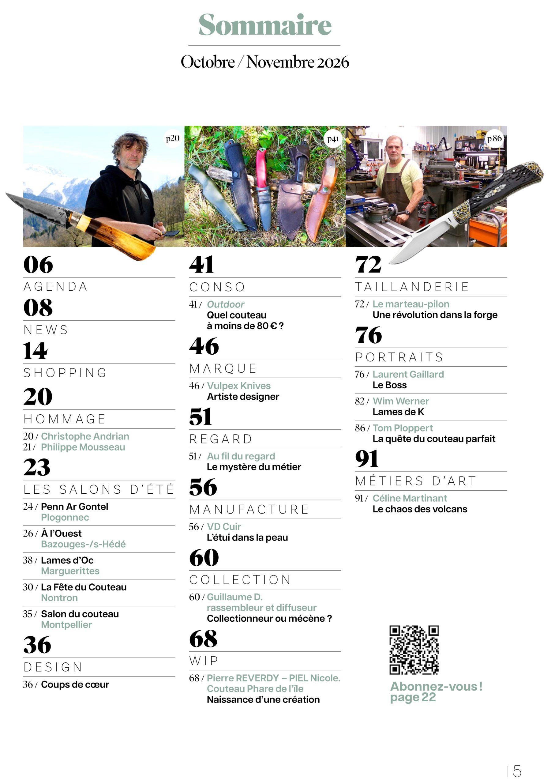 Page sommaire du magazine La Passion des Couteaux n°170 présentant l'ensemble des articles, reportages, portraits, salons, techniques, collections et actualités de ce numéro.