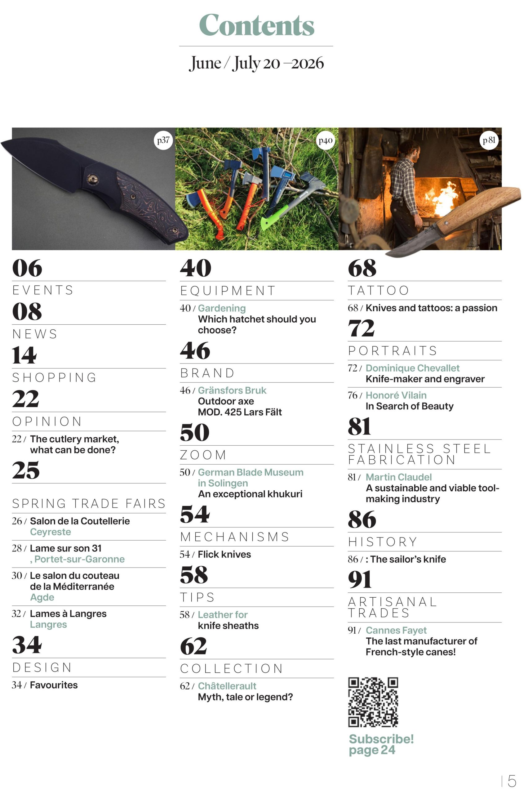 Sommaire en anglais du n°168 de La Passion des Couteaux, avec la liste des articles et reportages présents dans ce numéro.