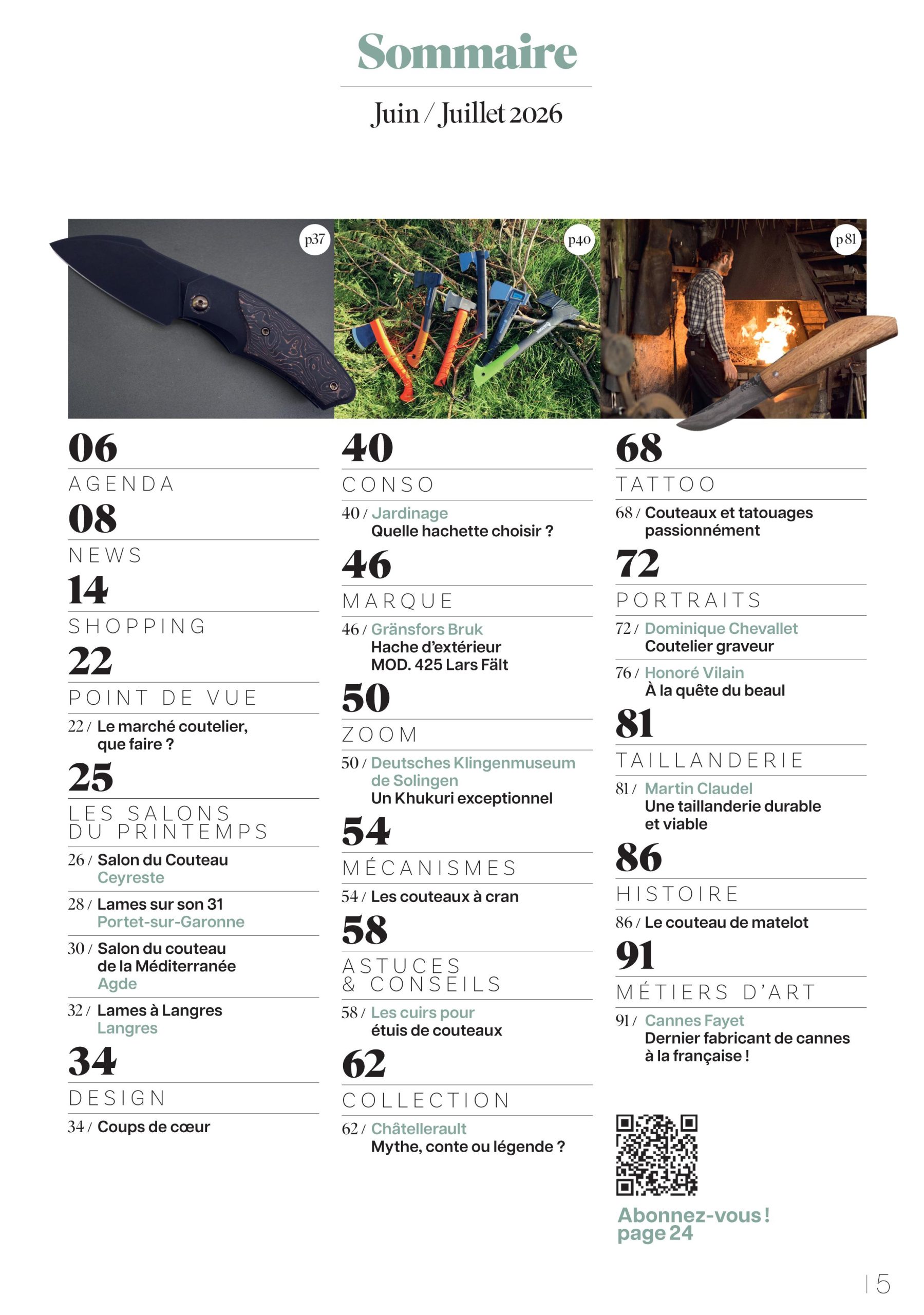 Sommaire en français du n°168 de La Passion des Couteaux, avec la liste des articles et reportages présents dans ce numéro.